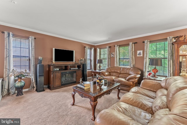 8910 Edison Ln, Clinton, MD 20735 - living area featuring crown molding, light carpet, and a glass covered fireplace
