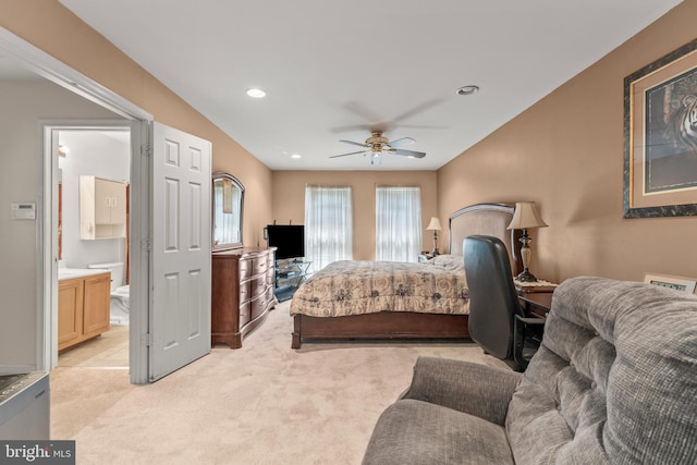 8910 Edison Ln, Clinton, MD 20735 - bedroom featuring light carpet, connected bathroom, recessed lighting, ceiling fan, and an office area