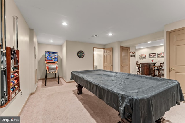 8910 Edison Ln, Clinton, MD 20735 - playroom with light colored carpet, recessed lighting, a bar, and billiards table