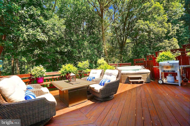 616 Silverstone Ct, Silver Spring, MD 20905 - wooden deck with a hot tub and an outdoor hangout area