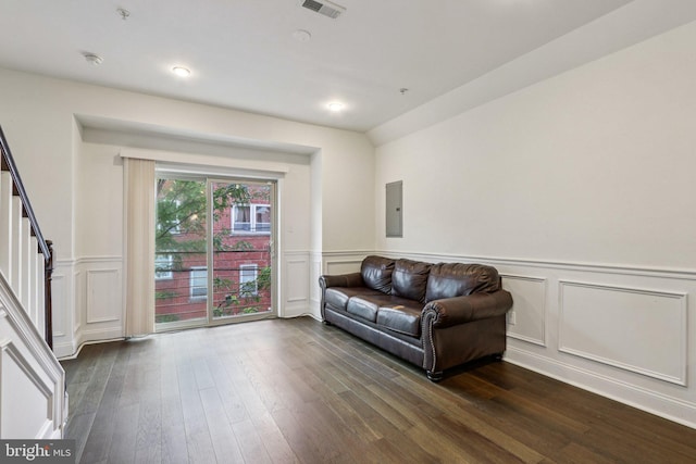 605 N 12th St Unit B, Philadelphia, PA 19123 - sitting room with a decorative wall, dark wood finished floors, a wainscoted wall, electric panel, and stairway