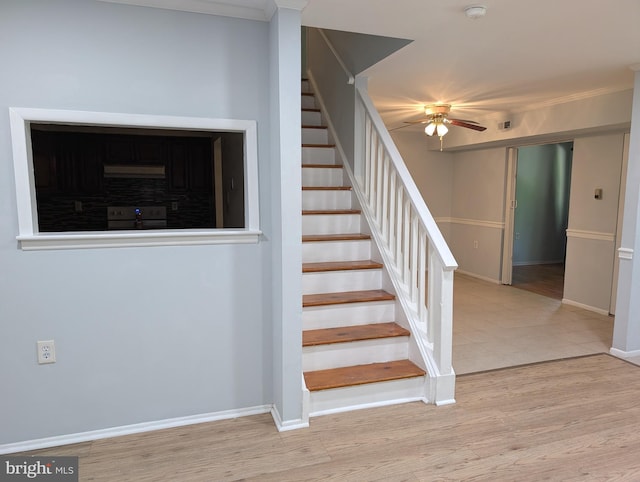 1708 Timbercreek, Clementon, NJ 08021 - staircase with a ceiling fan, wood finished floors, and crown molding