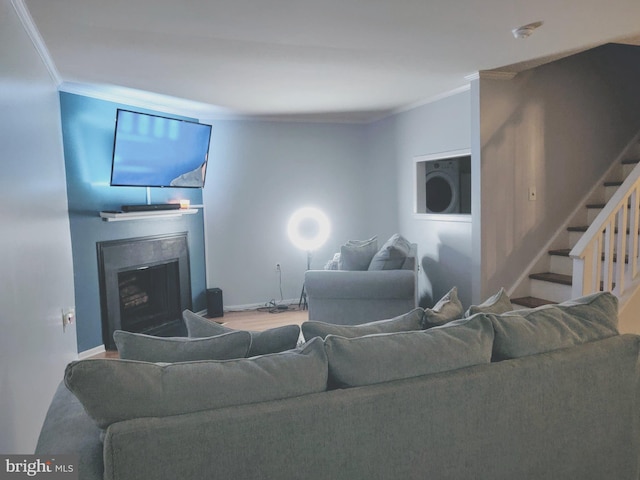 1708 Timbercreek, Clementon, NJ 08021 - living room featuring ornamental molding, a fireplace, stairway, and wood finished floors