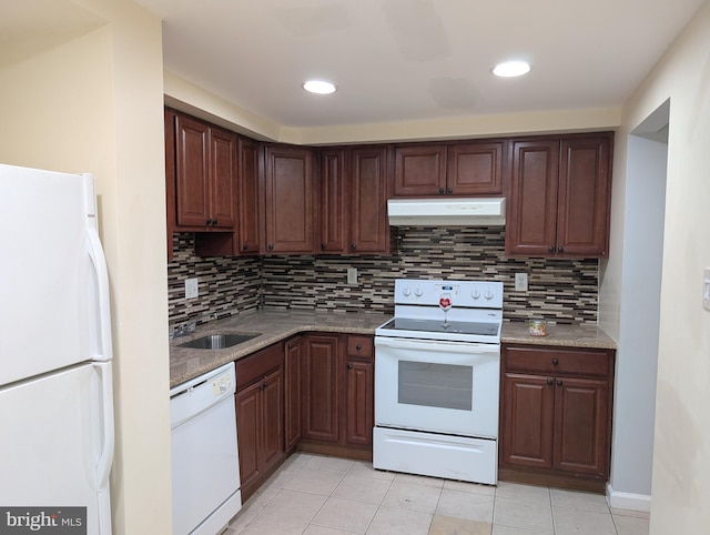 1708 Timbercreek, Clementon, NJ 08021 - kitchen featuring white appliances, under cabinet range hood, backsplash, light tile patterned flooring, and recessed lighting