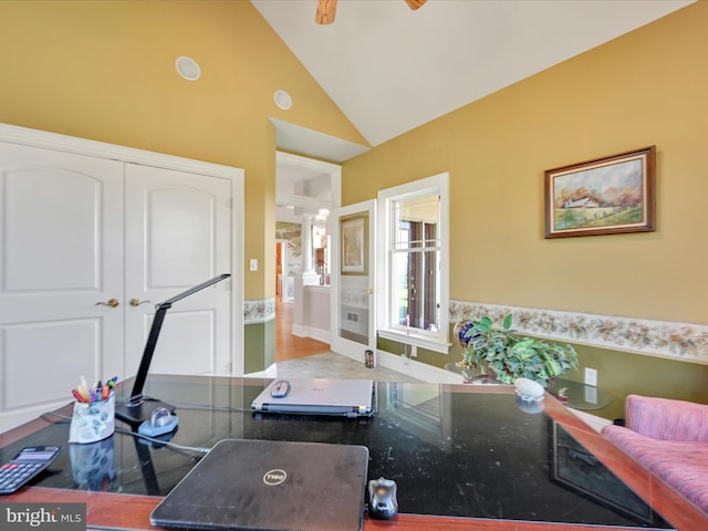 2768 Zink Rd, Manheim, PA 17545 - home office featuring decorative columns, vaulted ceiling, and a ceiling fan