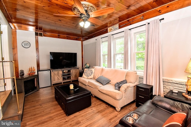 24 Haddon Rd, Somers Point, NJ 08244 - living area featuring wooden ceiling, wood finished floors, and ceiling fan