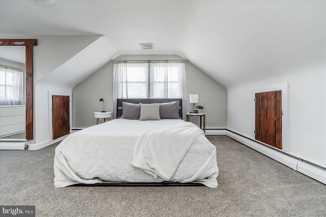 6934 River Drive Rd, Sparrows Point, MD 21219 - bedroom featuring baseboard heating, carpet flooring, and vaulted ceiling