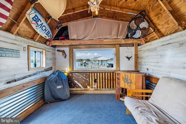 6934 River Drive Rd, Sparrows Point, MD 21219 - sitting room with wooden walls, carpet, and lofted ceiling