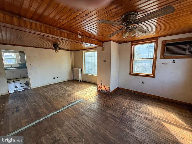 507 Market St, New Cumberland, PA 17070 - unfurnished room featuring ceiling fan, a wall unit AC, radiator heating unit, wood-type flooring, and wooden ceiling