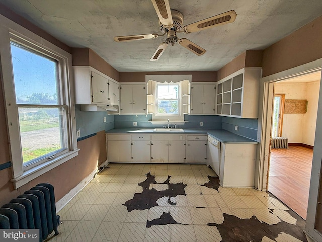 507 Market St, New Cumberland, PA 17070 - kitchen featuring radiator, ceiling fan, open shelves, dishwasher, and white cabinets