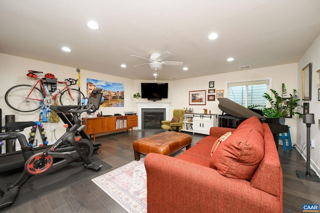 2127 Elm Tree Knl, Charlottesville, VA 22911 - living area featuring ceiling fan, recessed lighting, dark wood-type flooring, and a glass covered fireplace
