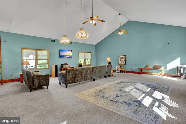 270 Gouglersville Rd, Reading, PA 19608 - carpeted living area featuring high vaulted ceiling and a ceiling fan