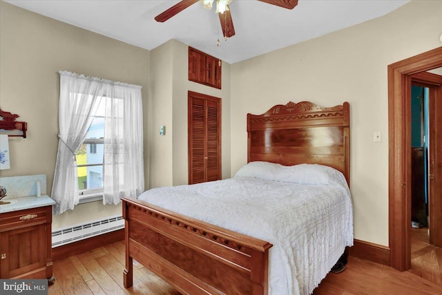 270 Gouglersville Rd, Reading, PA 19608 - bedroom with a baseboard heating unit, hardwood / wood-style flooring, a closet, and a ceiling fan