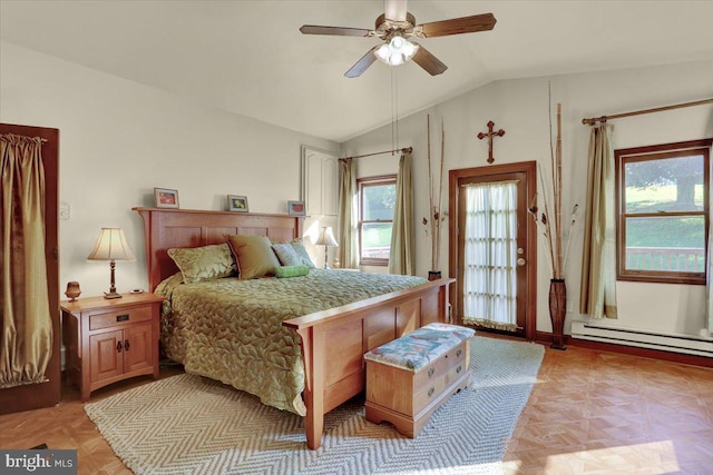 270 Gouglersville Rd, Reading, PA 19608 - bedroom with lofted ceiling, multiple windows, a baseboard radiator, and ceiling fan
