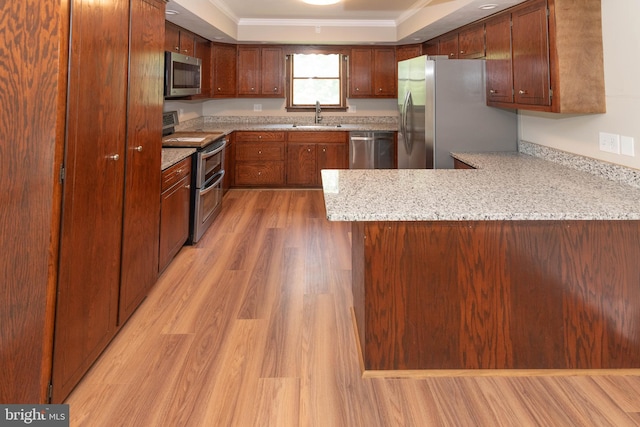 640 Bollinger Rd, Littlestown, PA 17340 - kitchen featuring appliances with stainless steel finishes, a peninsula, light wood-style flooring, crown molding, and a raised ceiling