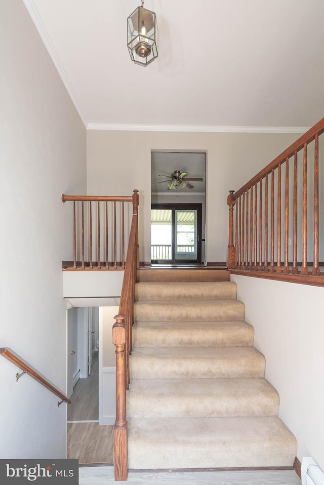 640 Bollinger Rd, Littlestown, PA 17340 - stairs featuring baseboard heating, wood finished floors, crown molding, and ceiling fan