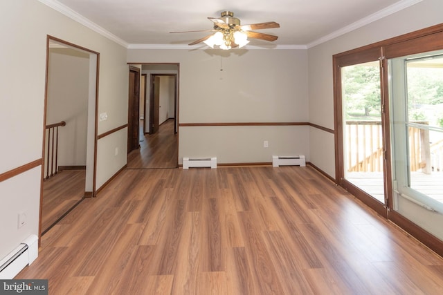 640 Bollinger Rd, Littlestown, PA 17340 - unfurnished room with a baseboard radiator, ceiling fan, light wood-type flooring, and crown molding