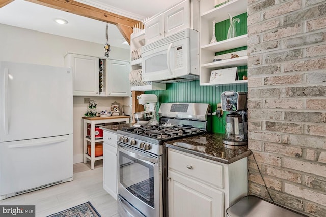 2090 Clearview Dr, Owings, MD 20736 - kitchen featuring white appliances, open shelves, white cabinetry, and dark stone countertops