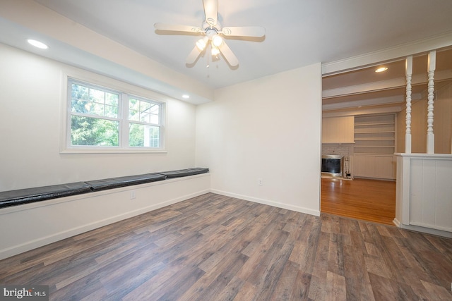 1420 E Boot Rd, West Chester, PA 19380 - unfurnished room featuring a fireplace, wood finished floors, recessed lighting, and ceiling fan