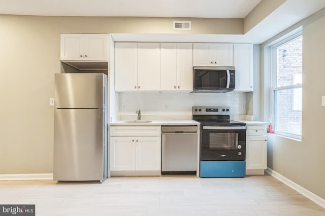 2721 E Chase St, Baltimore, MD 21213 - kitchen with appliances with stainless steel finishes, white cabinets, light countertops, and light wood-style floors