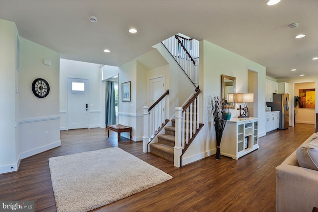 11100 Slate Landing Ln, Nokesville, VA 20181 - entryway featuring stairs, dark wood-type flooring, and recessed lighting