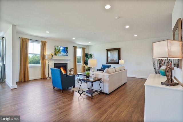 11100 Slate Landing Ln, Nokesville, VA 20181 - living area with dark wood-type flooring, recessed lighting, plenty of natural light, and a lit fireplace