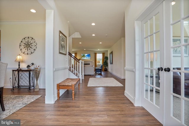 11100 Slate Landing Ln, Nokesville, VA 20181 - foyer entrance with stairs, wood finished floors, recessed lighting, french doors, and ornamental molding