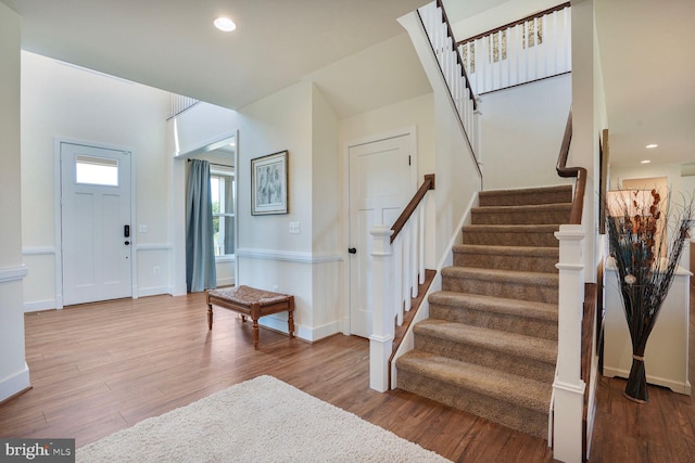 11100 Slate Landing Ln, Nokesville, VA 20181 - foyer featuring stairs, wood finished floors, and recessed lighting