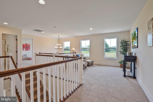 11100 Slate Landing Ln, Nokesville, VA 20181 - corridor with carpet, an upstairs landing, a chandelier, and recessed lighting