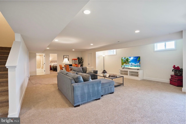 11100 Slate Landing Ln, Nokesville, VA 20181 - living room with light colored carpet, stairway, and recessed lighting
