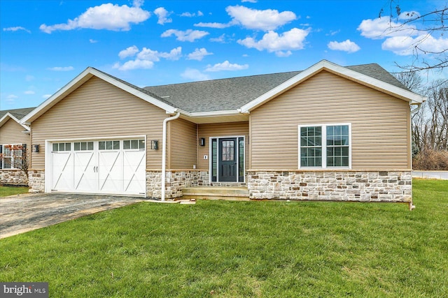 51FRANKLINDR Franklin Dr, Mechanicsburg, PA 17055 - view of front of house with a garage, stone siding, asphalt driveway, a front lawn, and a shingled roof