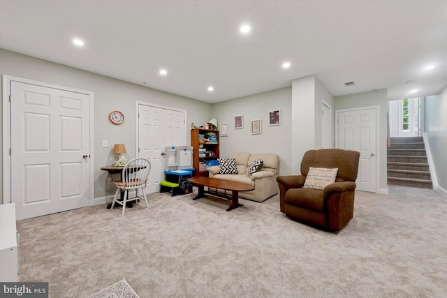 213 Buchanan Ct, Downingtown, PA 19335 - living area featuring stairway, carpet, and recessed lighting