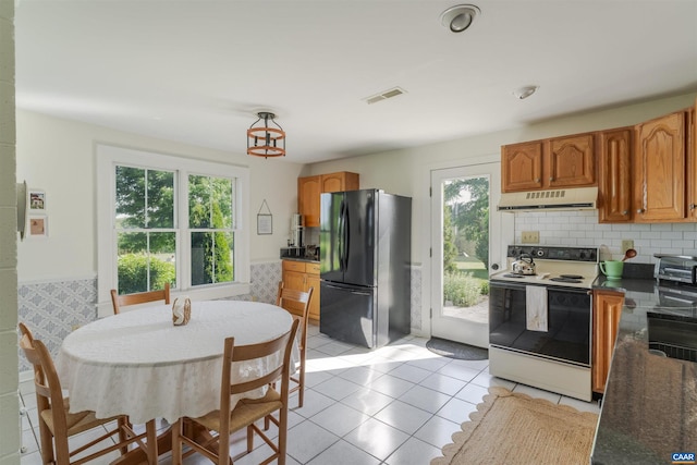 928 Slate Mill Rd Unit B, Stanardsville, VA 22973 - kitchen with white range with electric stovetop, freestanding refrigerator, under cabinet range hood, and plenty of natural light