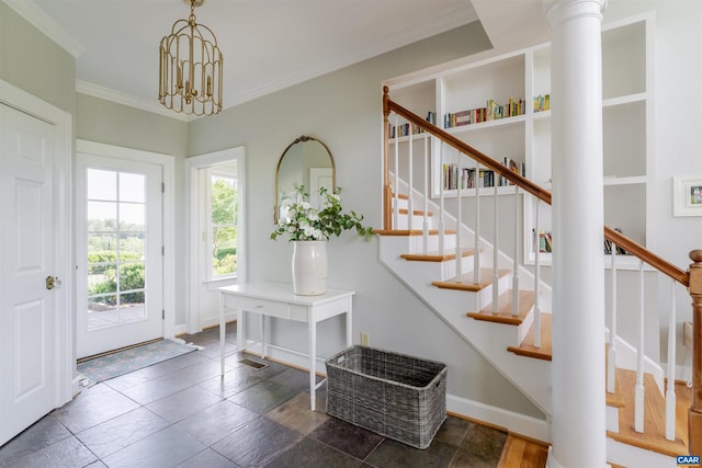 928 Slate Mill Rd Unit B, Stanardsville, VA 22973 - entrance foyer with crown molding, stairway, a chandelier, and stone tile floors