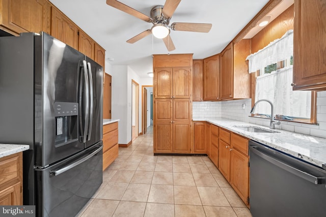 2621 Dartmouth Woods Rd, Wilmington, DE 19810 - kitchen with fridge with ice dispenser, dishwasher, tasteful backsplash, light tile patterned flooring, and a ceiling fan