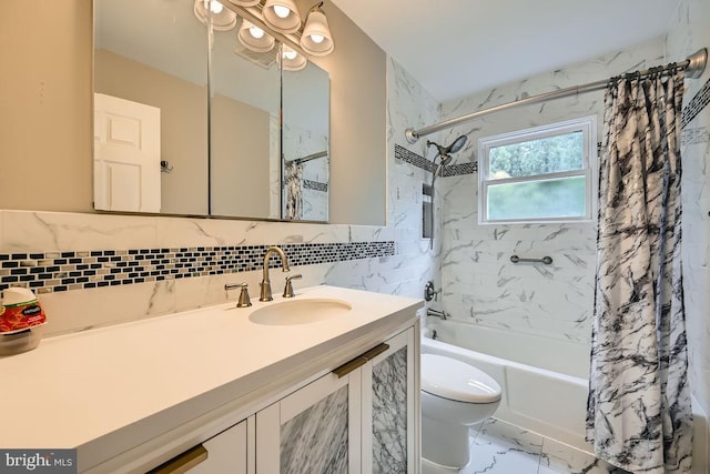231 Candytuft Rd, Reisterstown, MD 21136 - full bathroom featuring shower / bath combo with shower curtain, tile walls, vanity, marble look tiles, and tasteful backsplash