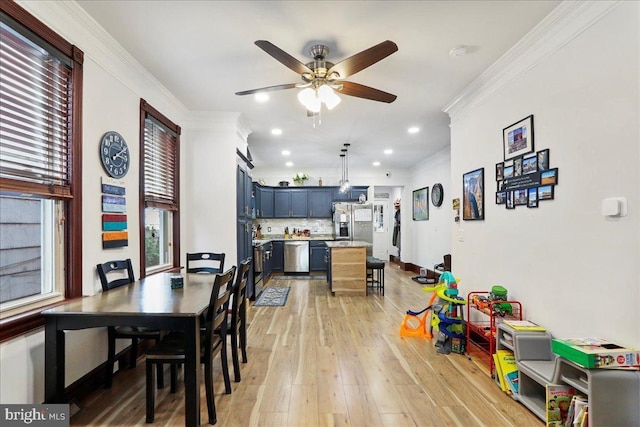 432 Mcdowell Ave, Hagerstown, MD 21740 - dining space with crown molding, ceiling fan, light wood-style flooring, and recessed lighting
