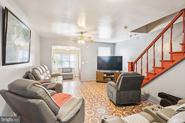3170 Merriel Ave, Camden, NJ 08105 - living area featuring stairway and ceiling fan