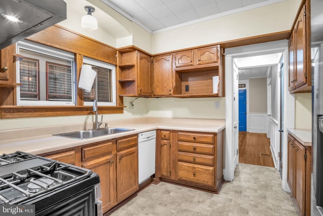 32 W Willow St, Carlisle, PA 17013 - kitchen featuring open shelves, dishwasher, ornamental molding, black range with gas stovetop, and brown cabinets