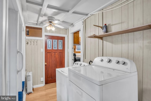 32 W Willow St, Carlisle, PA 17013 - laundry area with ceiling fan, light wood-type flooring, washer and dryer, and wood walls