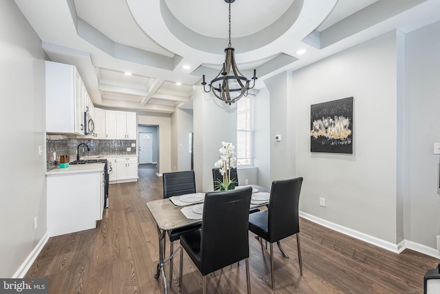 1715 E Oliver St, Baltimore, MD 21213 - dining room featuring coffered ceiling, a chandelier, dark wood-style flooring, recessed lighting, and beamed ceiling