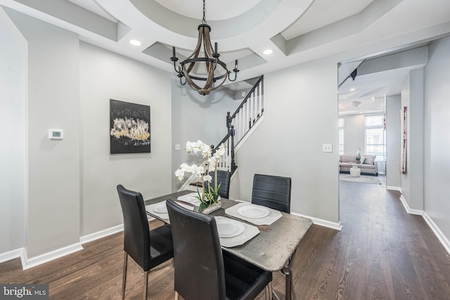 1715 E Oliver St, Baltimore, MD 21213 - dining space with a chandelier, dark wood-style floors, stairs, and recessed lighting