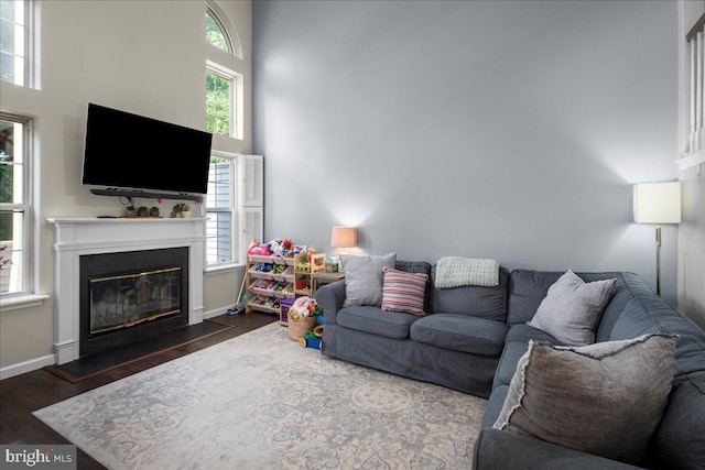 420 Fairview Way, New Hope, PA 18938 - living room featuring a glass covered fireplace, wood finished floors, and a towering ceiling
