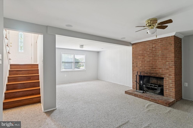 9405 Loughran Rd, Fort Washington, MD 20744 - unfurnished living room with a fireplace, carpet, a ceiling fan, and stairway