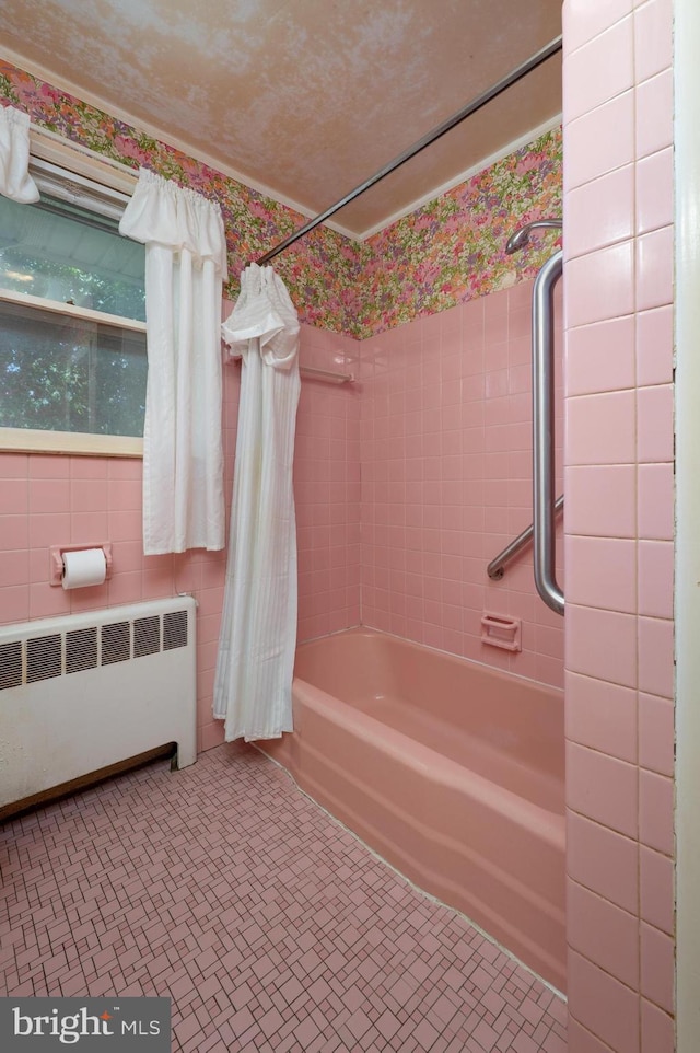 3221 Union Ave, Pennsauken, NJ 08109 - full bath with radiator heating unit, shower / bath combination with curtain, and tile patterned floors