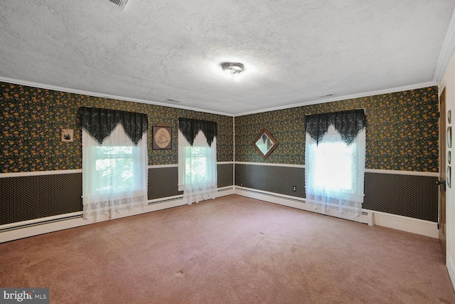 110 Schoolhouse Rd, Sykesville, MD 21784 - carpeted spare room featuring wallpapered walls, a wainscoted wall, ornamental molding, and a baseboard heating unit