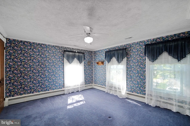 110 Schoolhouse Rd, Sykesville, MD 21784 - carpeted spare room featuring wallpapered walls, crown molding, ceiling fan, and a textured ceiling