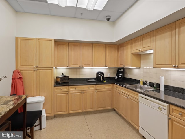 2726 Gallows Rd Unit 411, Vienna, VA 22180 - kitchen with dishwasher, tasteful backsplash, a paneled ceiling, dark countertops, and light tile patterned floors