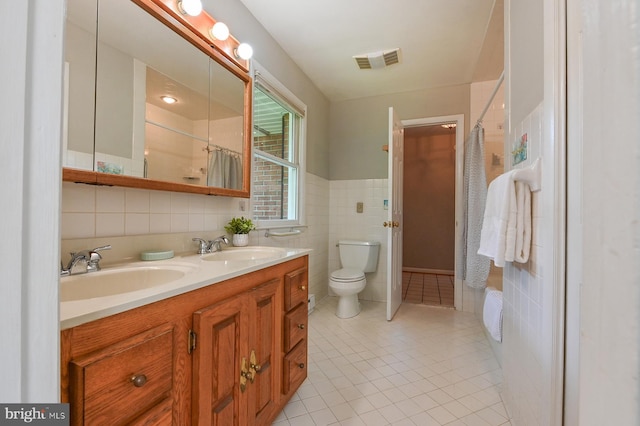 10 Sonora Dr, Pasadena, MD 21122 - bathroom featuring tile walls, tile patterned flooring, double vanity, and curtained shower
