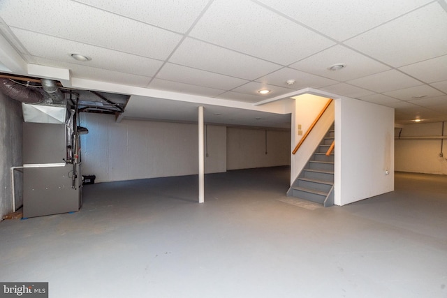 14 Winslow Way, Dresher, PA 19025 - finished basement with stairs, heating unit, and a paneled ceiling